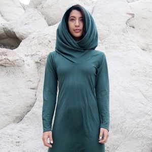 Hemp / organic cotton teal dress with cowl hood